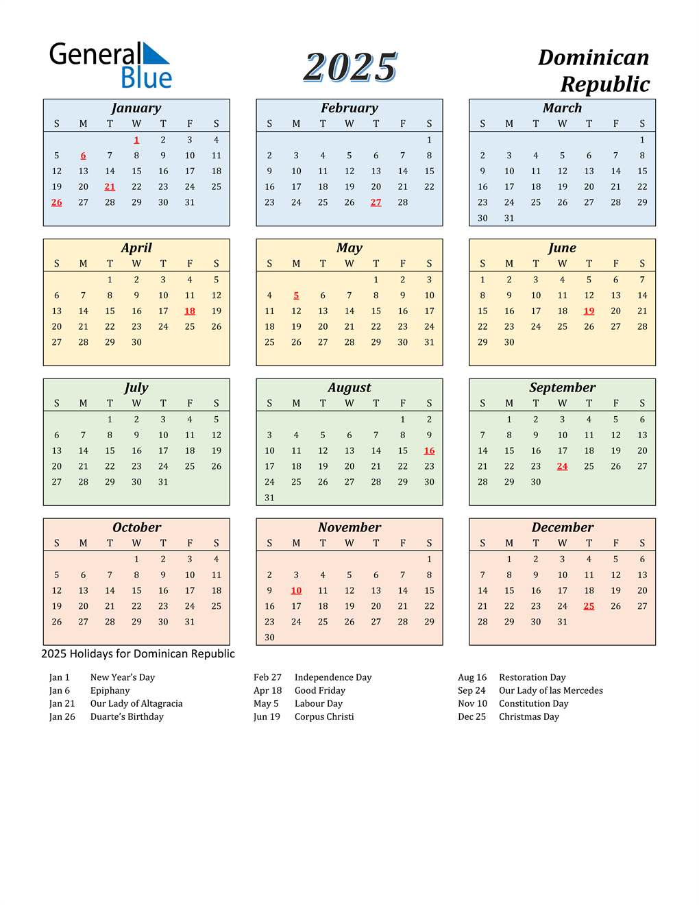 2025 Dominican Republic Calendar with Holidays