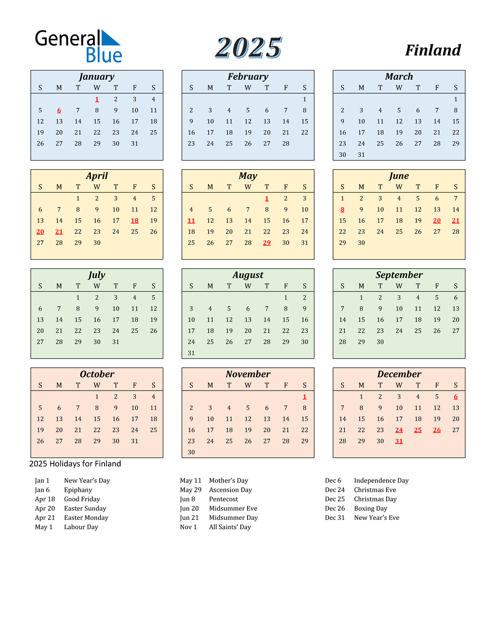 2025 Finland Calendar with Holidays