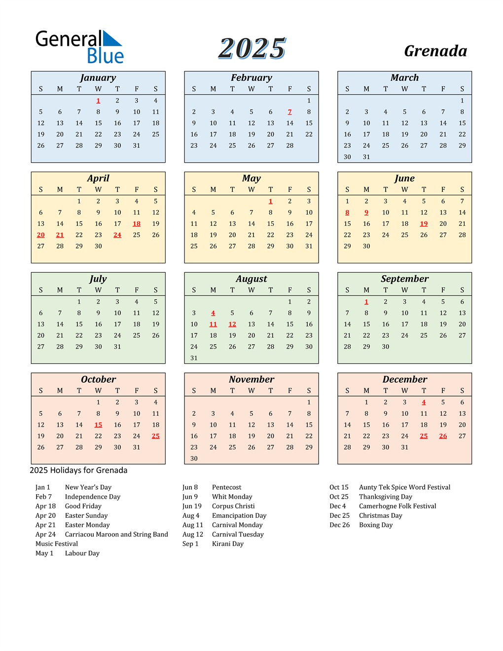 2025 Grenada Calendar with Holidays