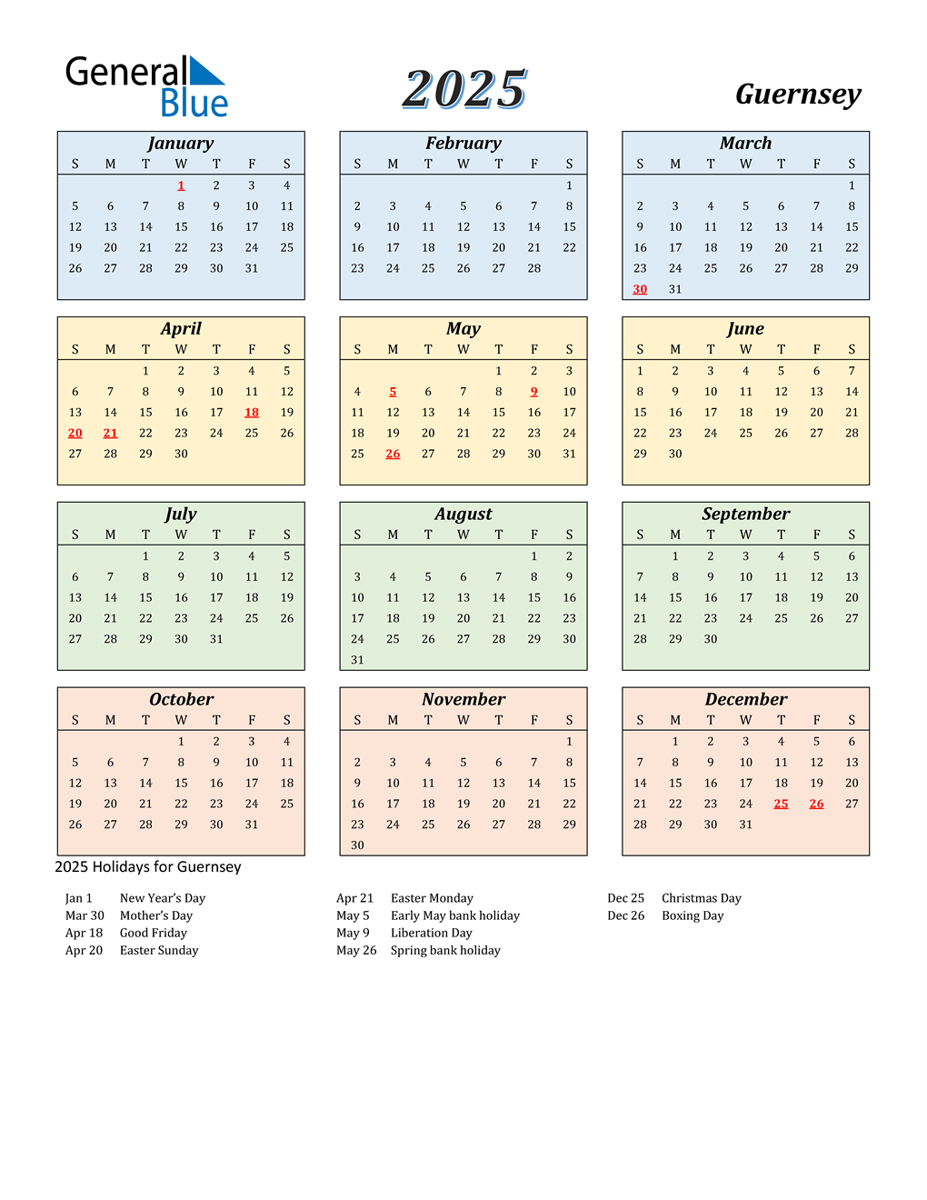 2025 Guernsey Calendar with Holidays