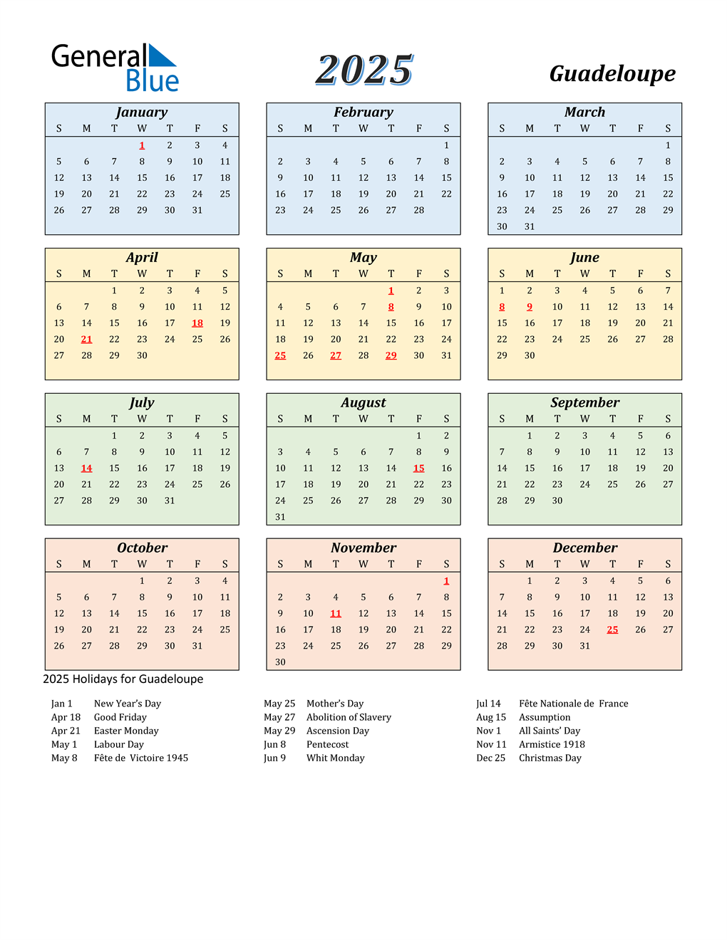 2025 Guadeloupe Calendar with Holidays