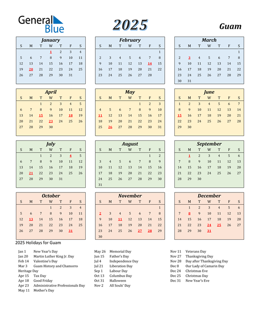 2025 Guam Calendar with Holidays