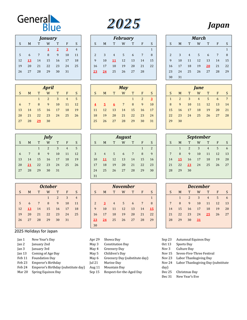 2025 Japan Calendar with Holidays