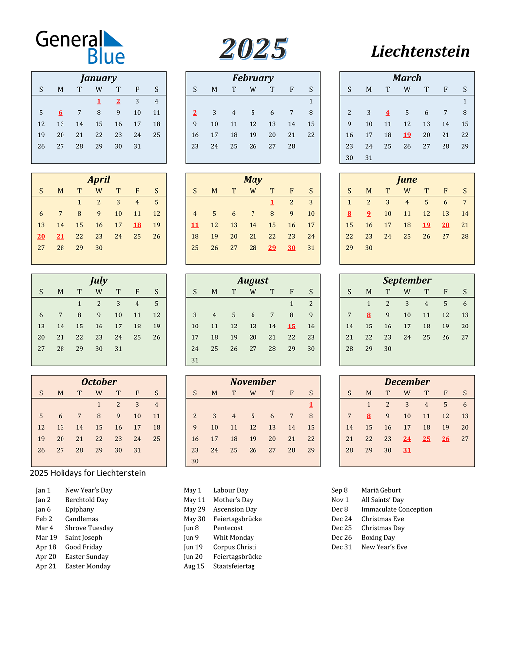 2025 Liechtenstein Calendar with Holidays