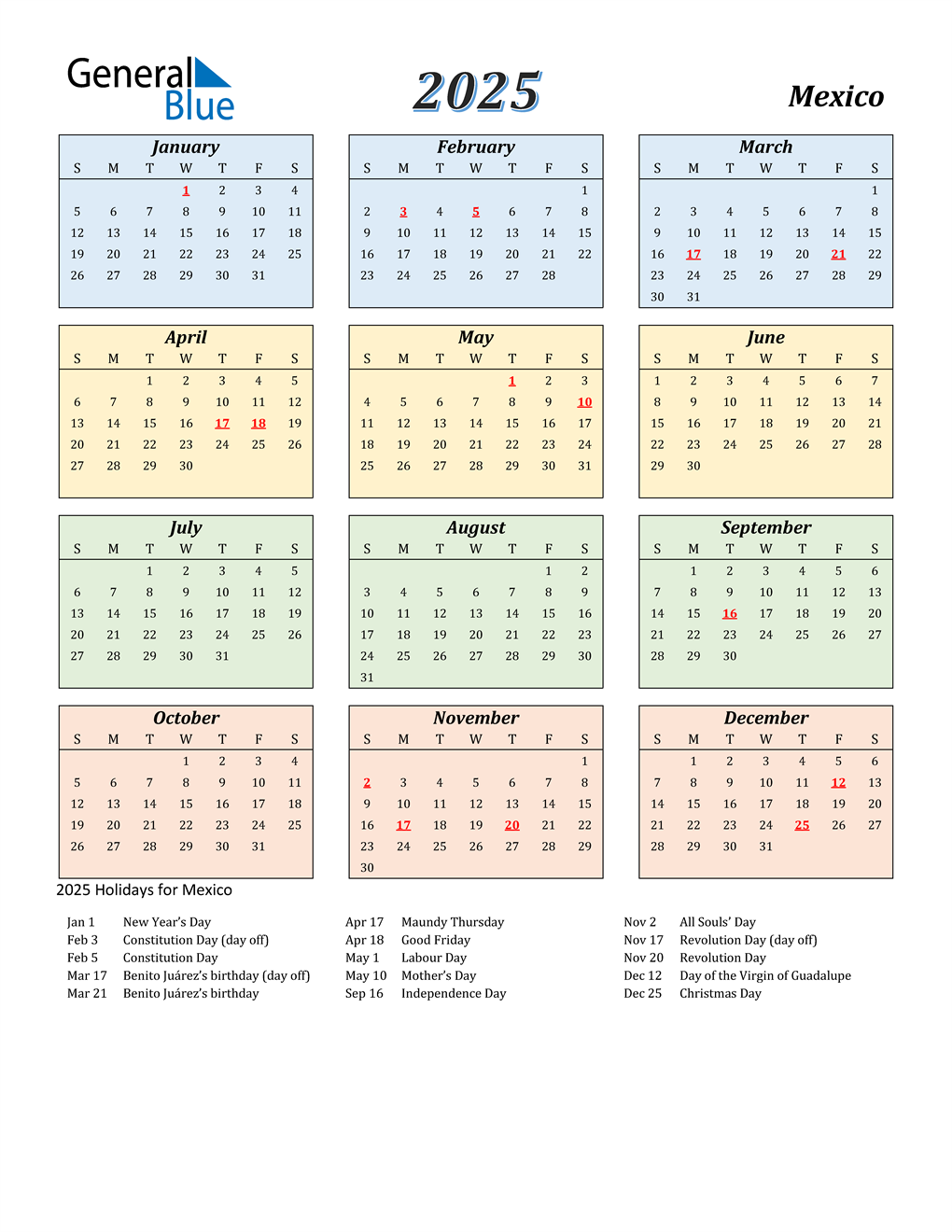 2025 Mexico Calendar with Holidays