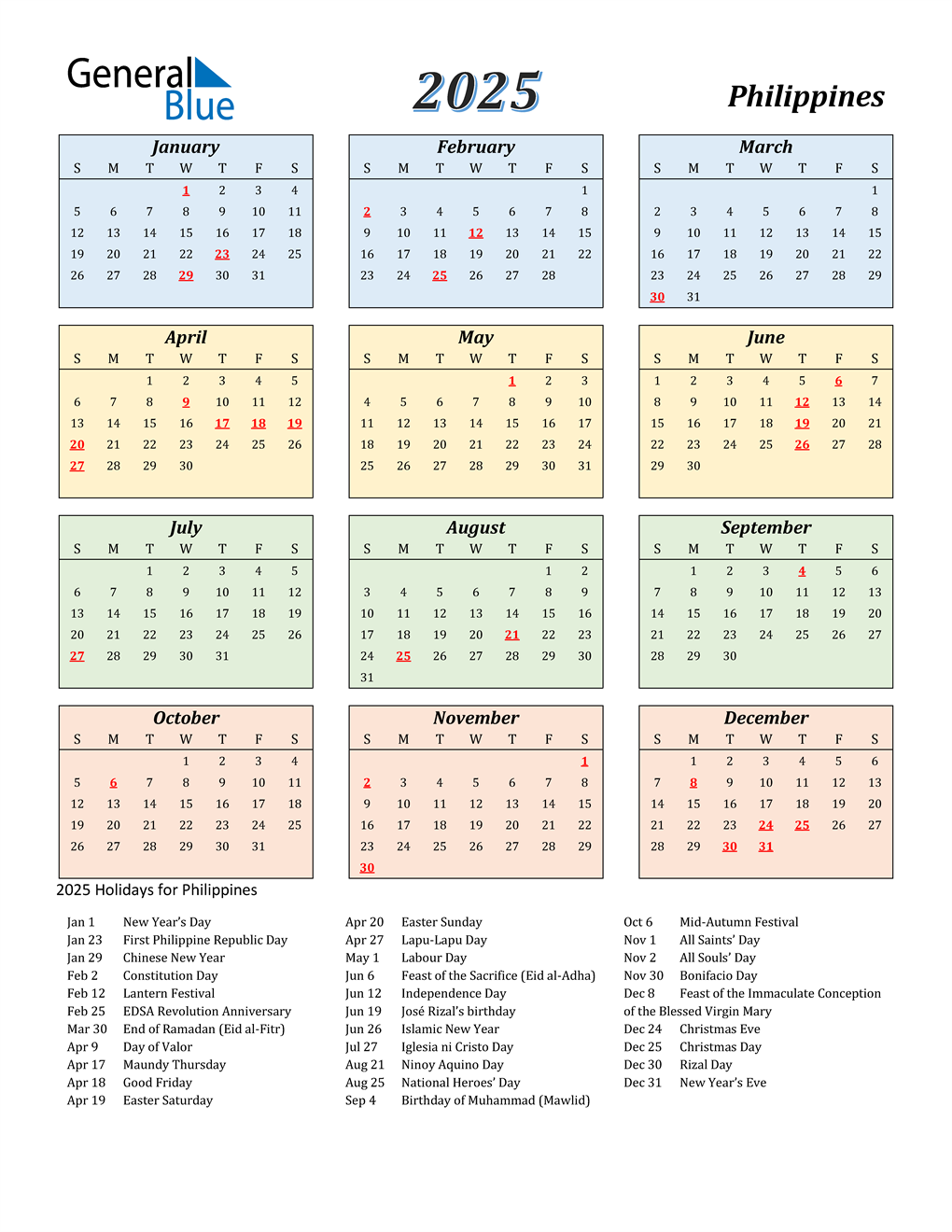 Philippines Calendar 2025 With Holidays