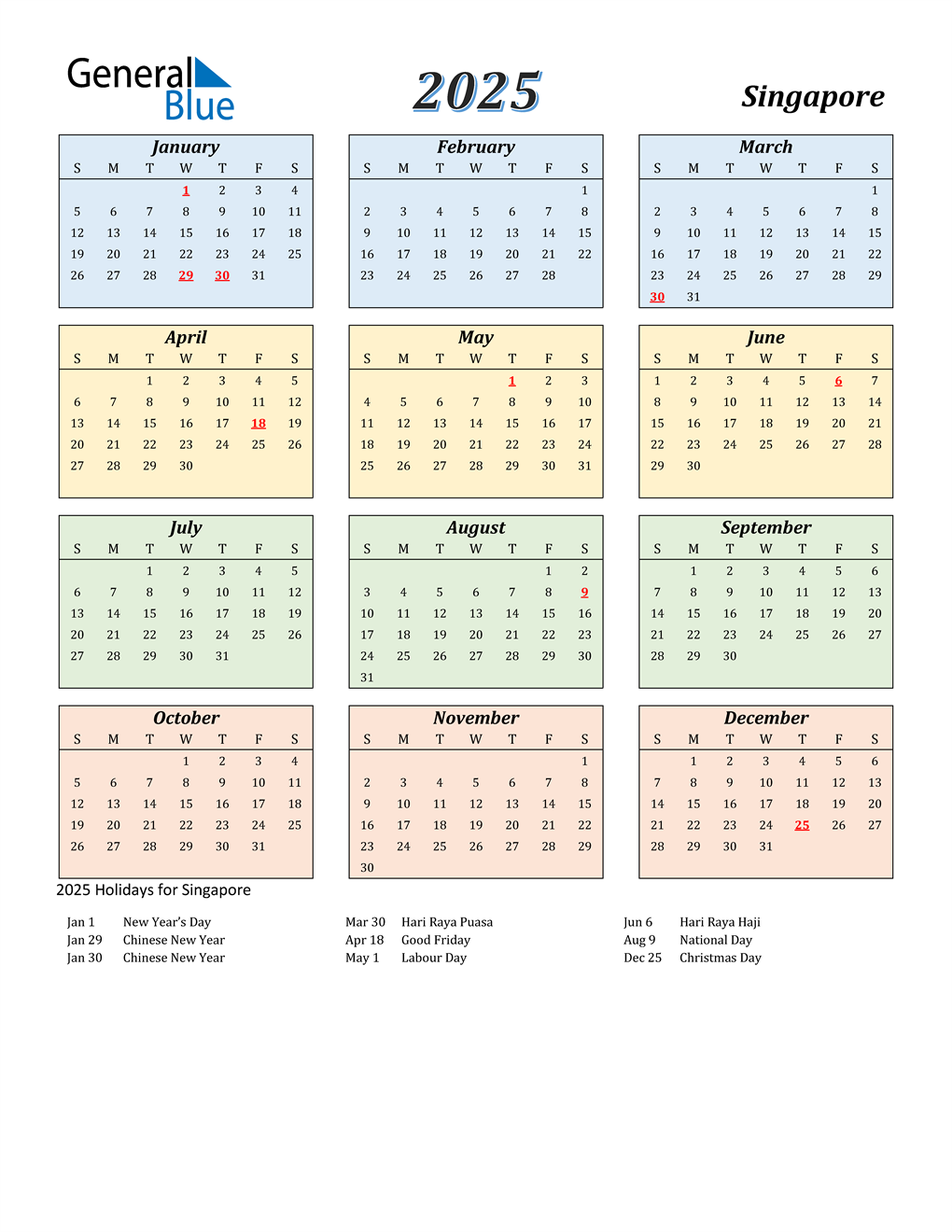 2025 Singapore Calendar with Holidays