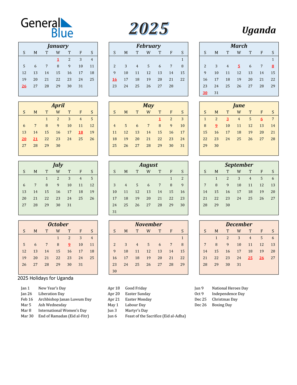 2025 Uganda Calendar with Holidays