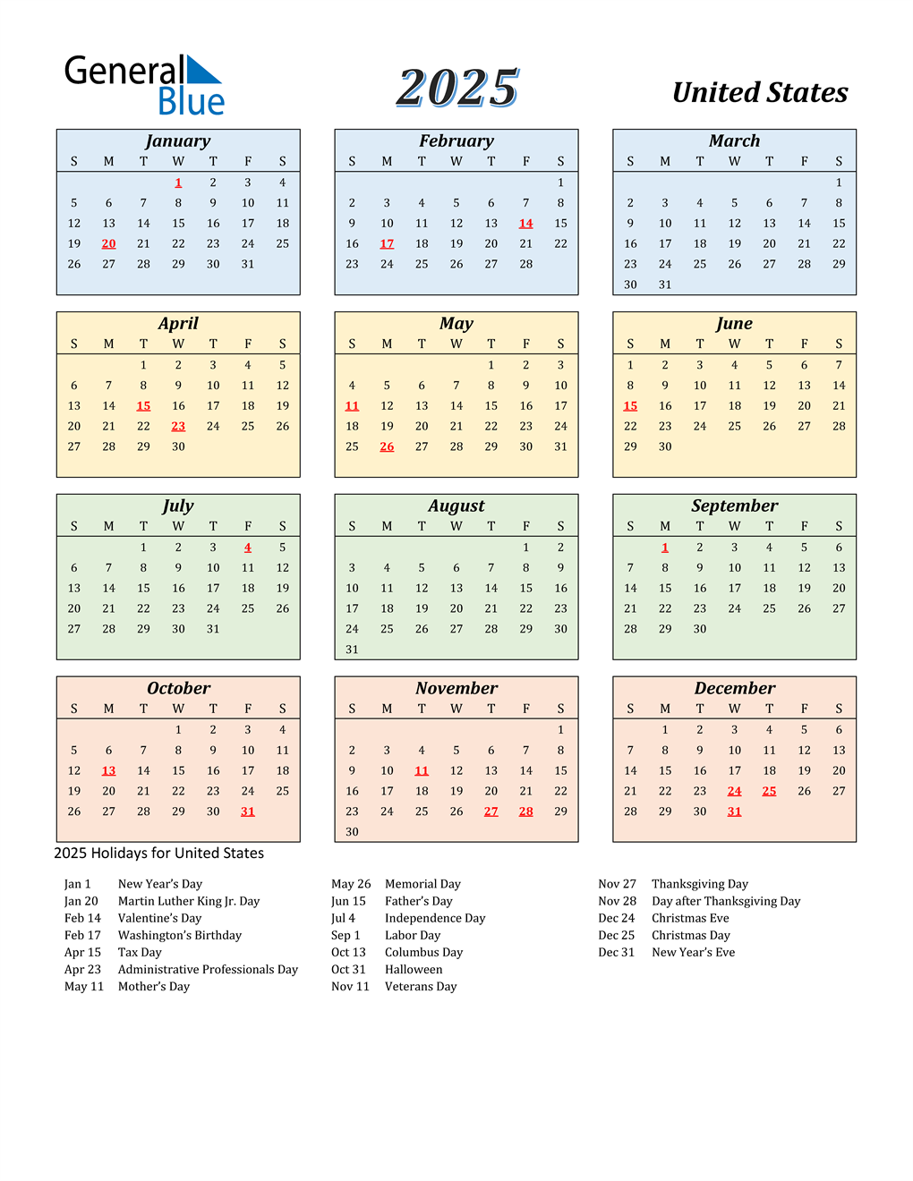 Calendar For The Year 2025 United States 