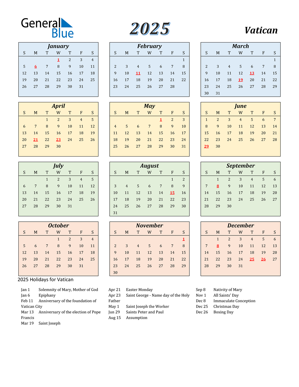 2025 Vatican Calendar with Holidays