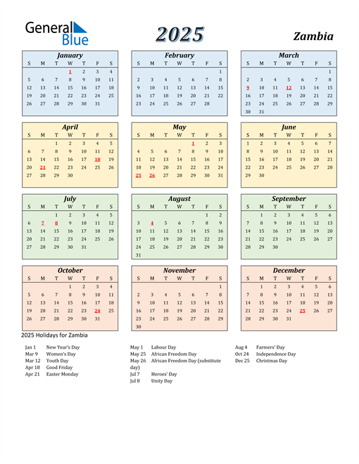 2025 Zambia Calendar with Holidays