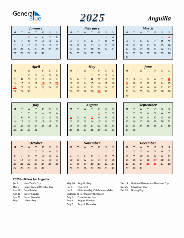 Anguilla Calendar 2025 with Monday Start