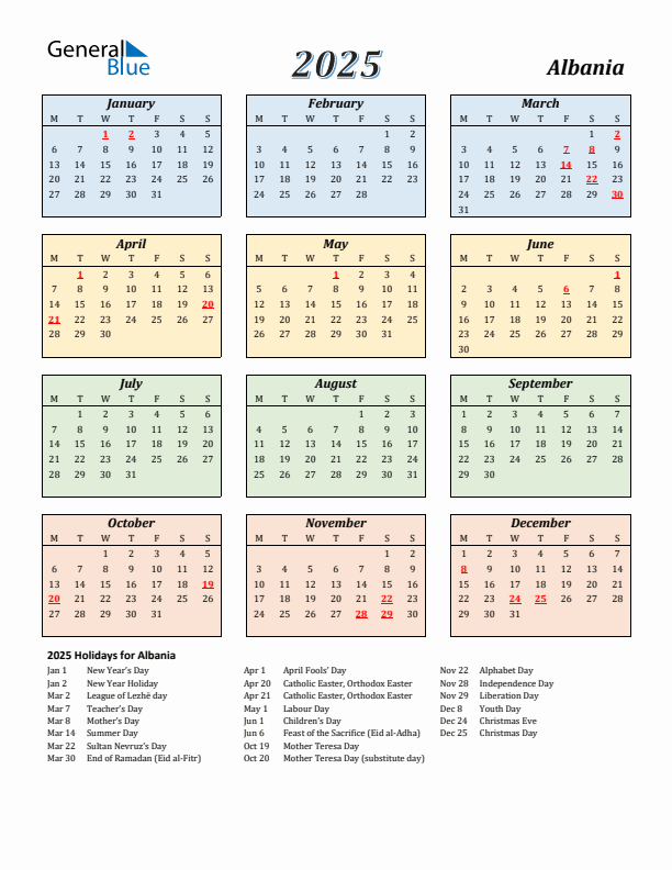 Albania Calendar 2025 with Monday Start