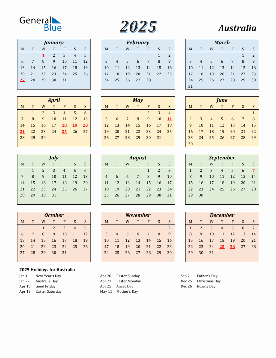 2025 Australia Calendar with Monday Start