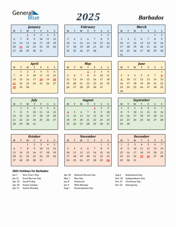 Barbados Calendar 2025 with Monday Start