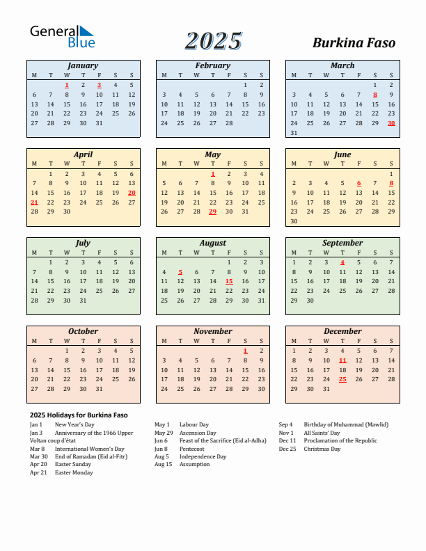 Burkina Faso Calendar 2025 with Monday Start