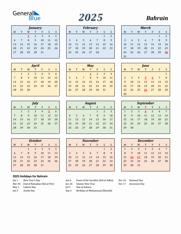 Bahrain Calendar 2025 with Monday Start