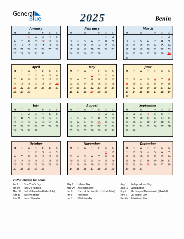 Benin Calendar 2025 with Monday Start