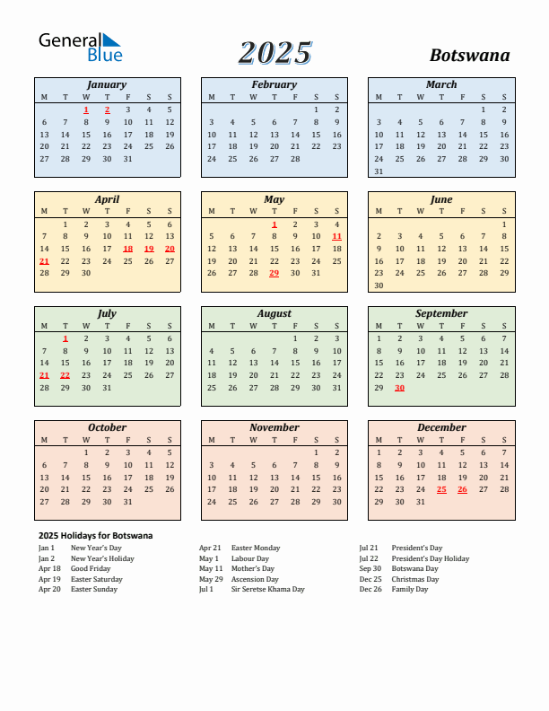 Botswana Calendar 2025 with Monday Start