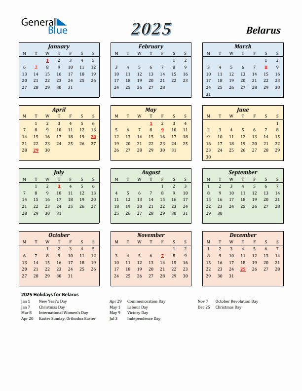 Belarus Calendar 2025 with Monday Start