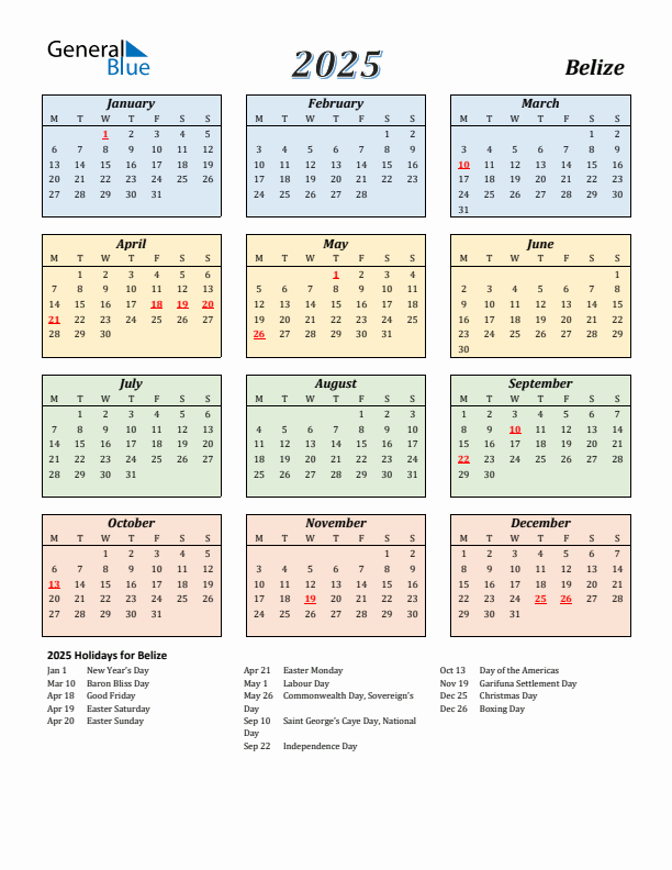 Belize Calendar 2025 with Monday Start