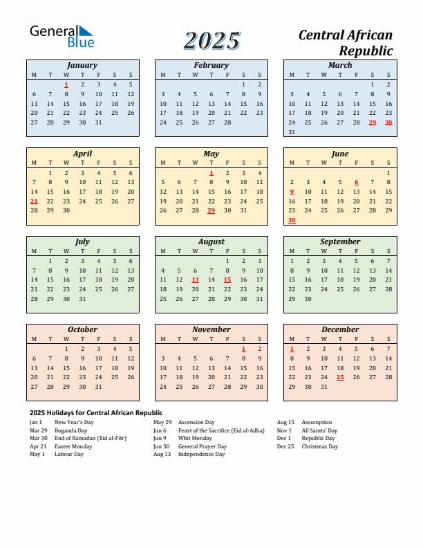 Central African Republic Calendar 2025 with Monday Start