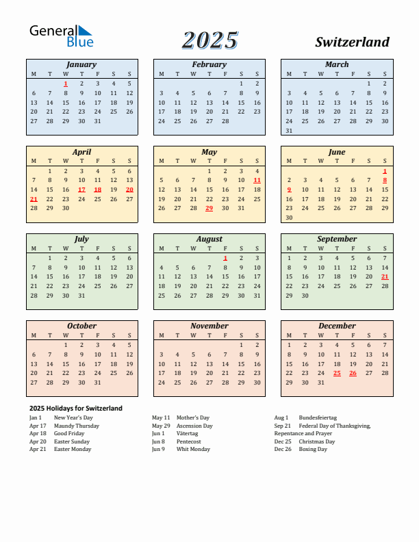 Switzerland Calendar 2025 with Monday Start