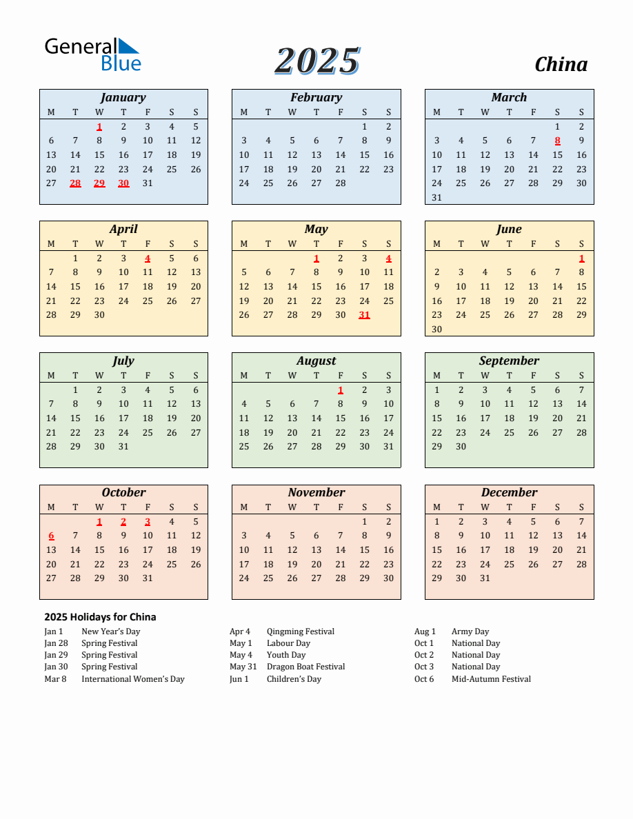 2025 China Calendar with Monday Start