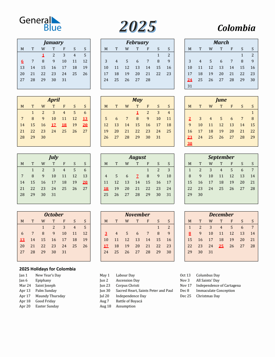 2025 Colombia Calendar with Monday Start