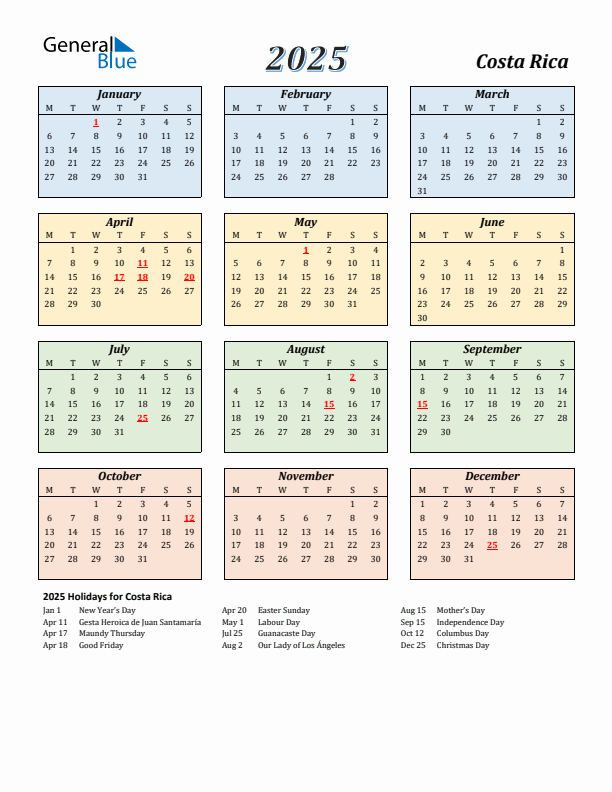 Costa Rica Calendar 2025 with Monday Start