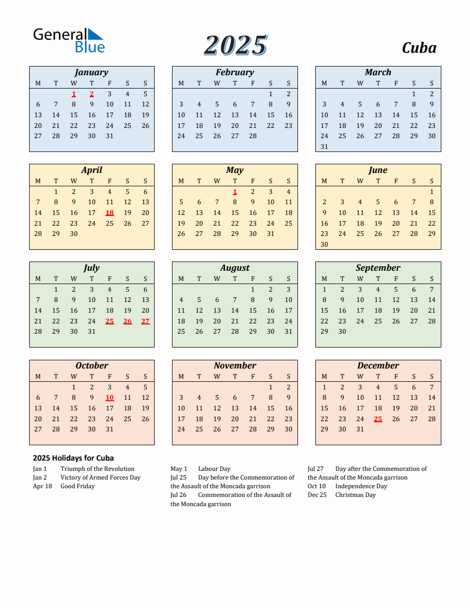 2025 Cuba Calendar with Monday Start