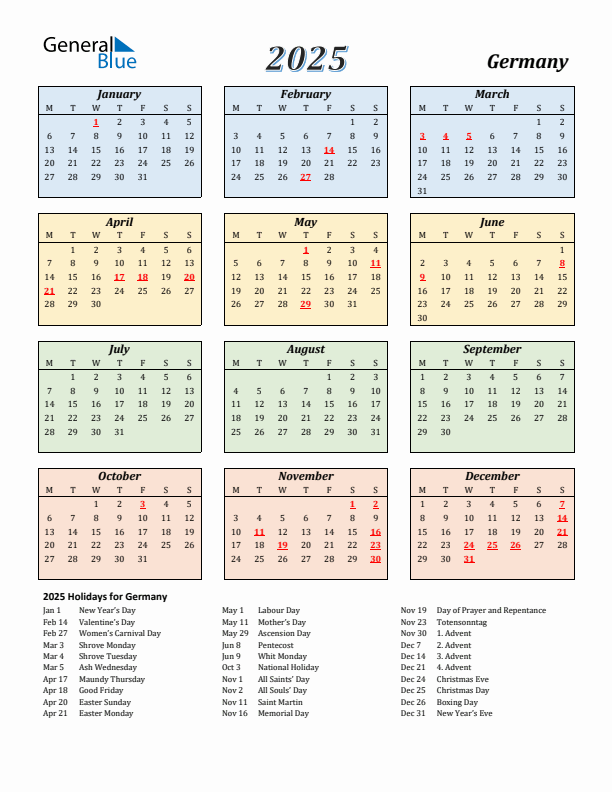 Germany Calendar 2025 with Monday Start