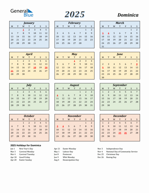 Dominica Calendar 2025 with Monday Start