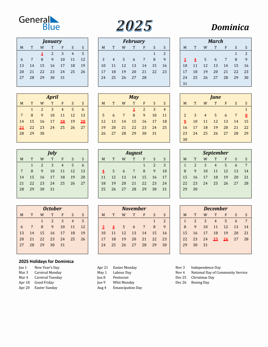 2025 Dominica Calendar with Monday Start