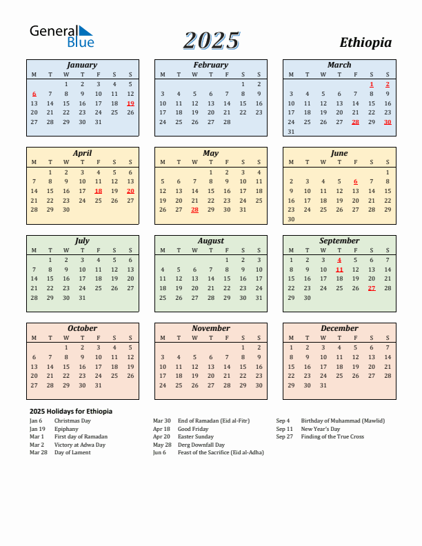Ethiopia Calendar 2025 with Monday Start