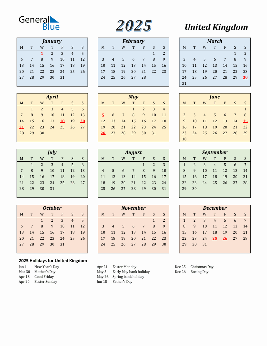 2025 United Kingdom Calendar with Monday Start