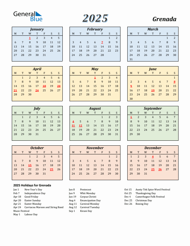 Grenada Calendar 2025 with Monday Start