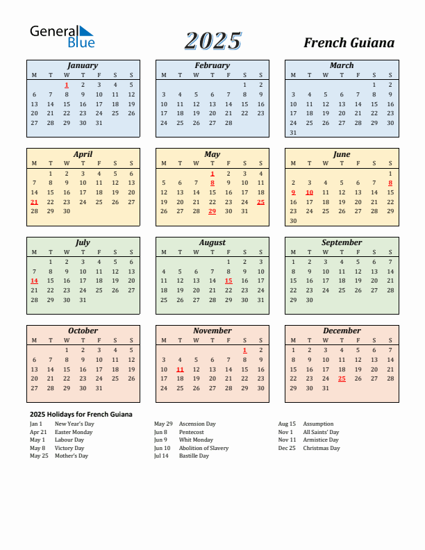 French Guiana Calendar 2025 with Monday Start