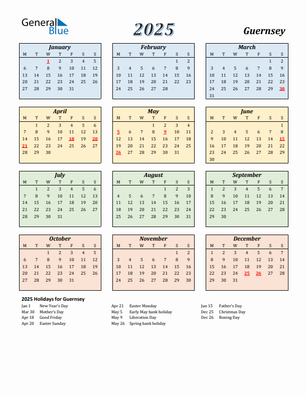 Guernsey Calendar 2025 with Monday Start