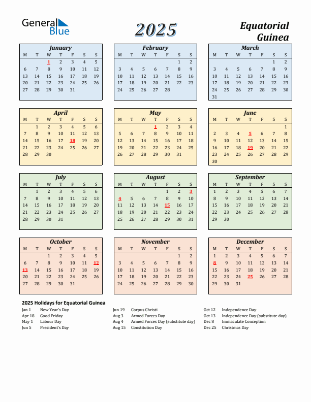 Equatorial Guinea Calendar 2025 with Monday Start