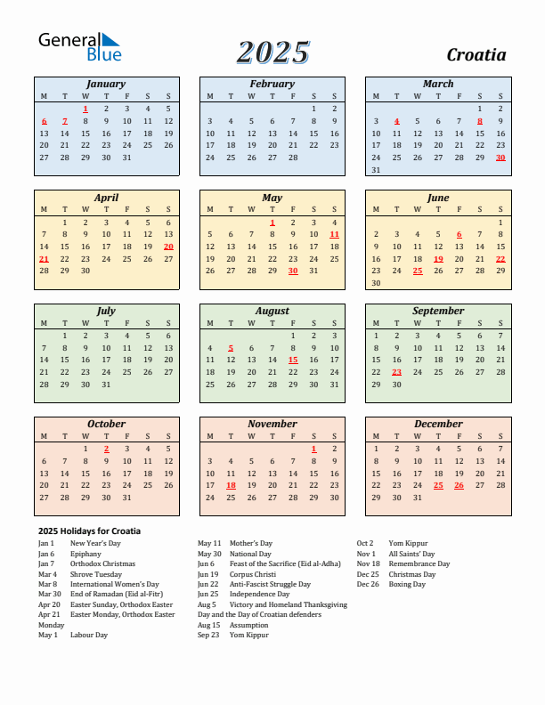 Croatia Calendar 2025 with Monday Start