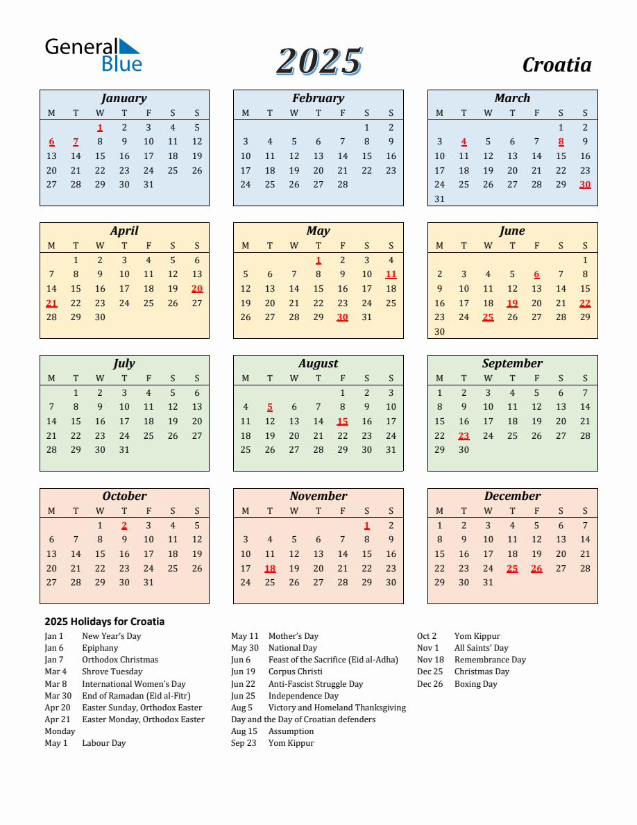 2025 Croatia Calendar with Monday Start