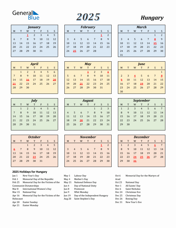 Hungary Calendar 2025 with Monday Start