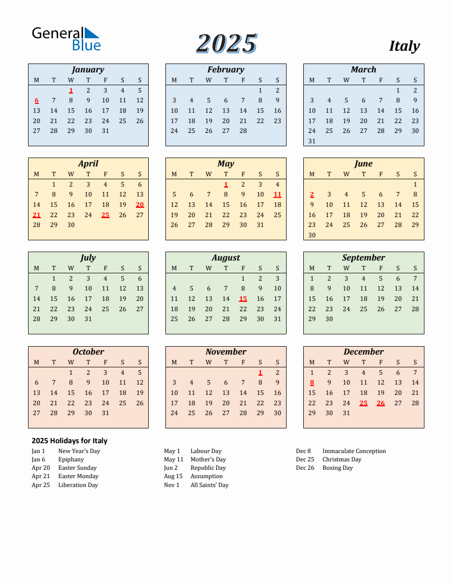 2025 Italy Calendar with Monday Start