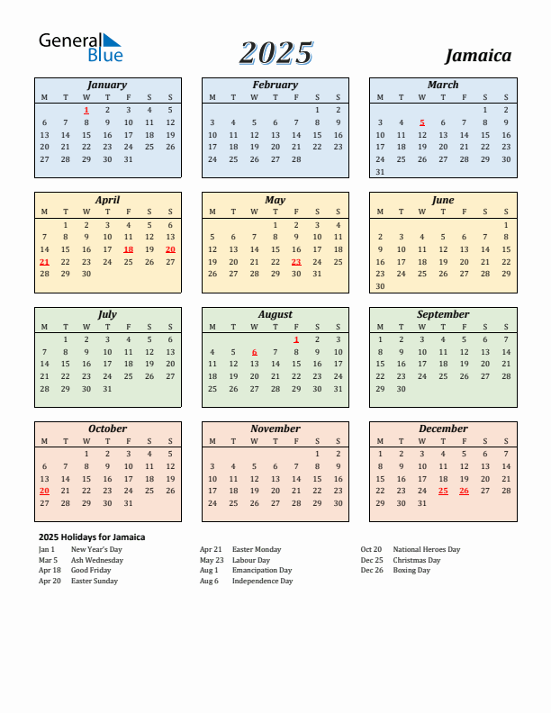 Jamaica Calendar 2025 with Monday Start