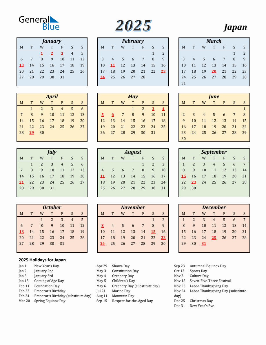2025 Japan Calendar with Monday Start