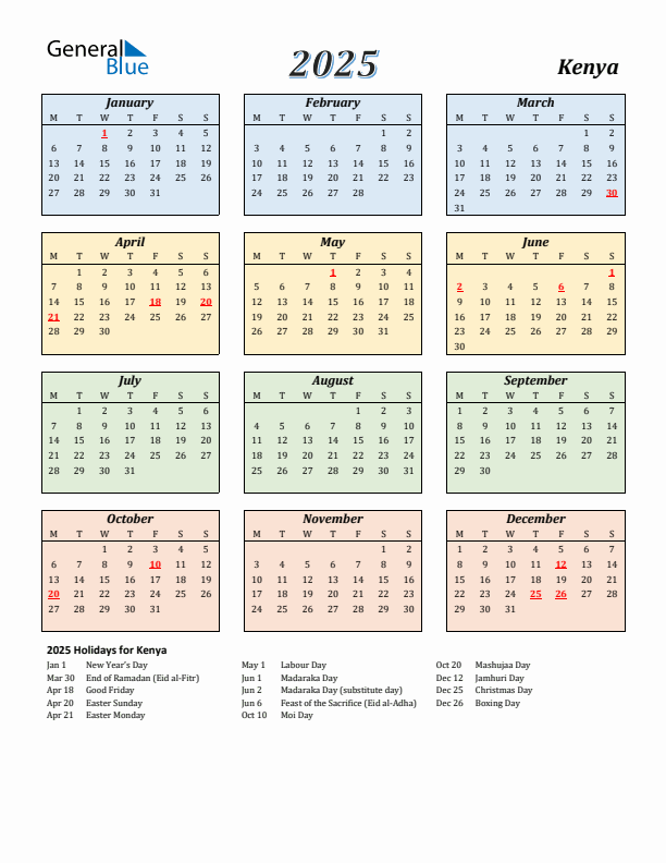 Kenya Calendar 2025 with Monday Start