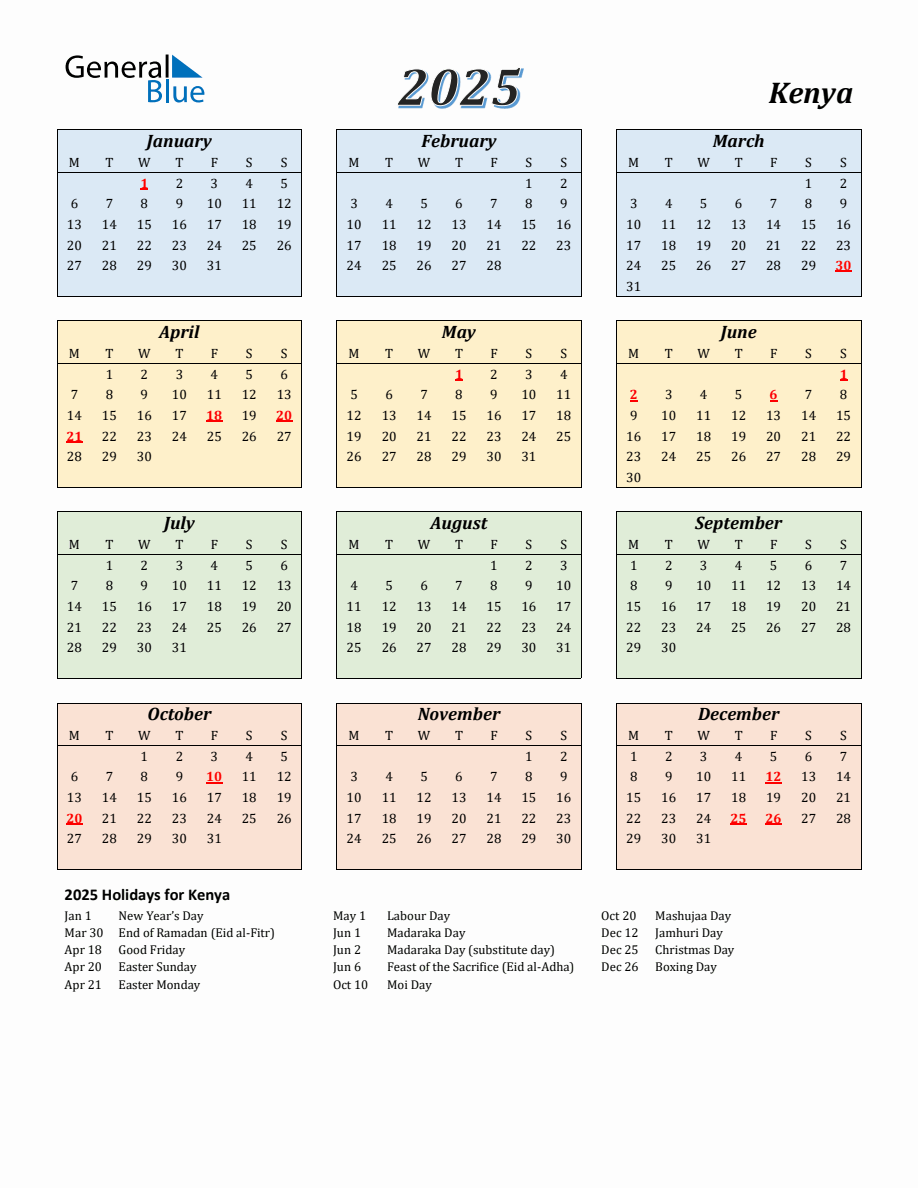 2025 Kenya Calendar with Monday Start