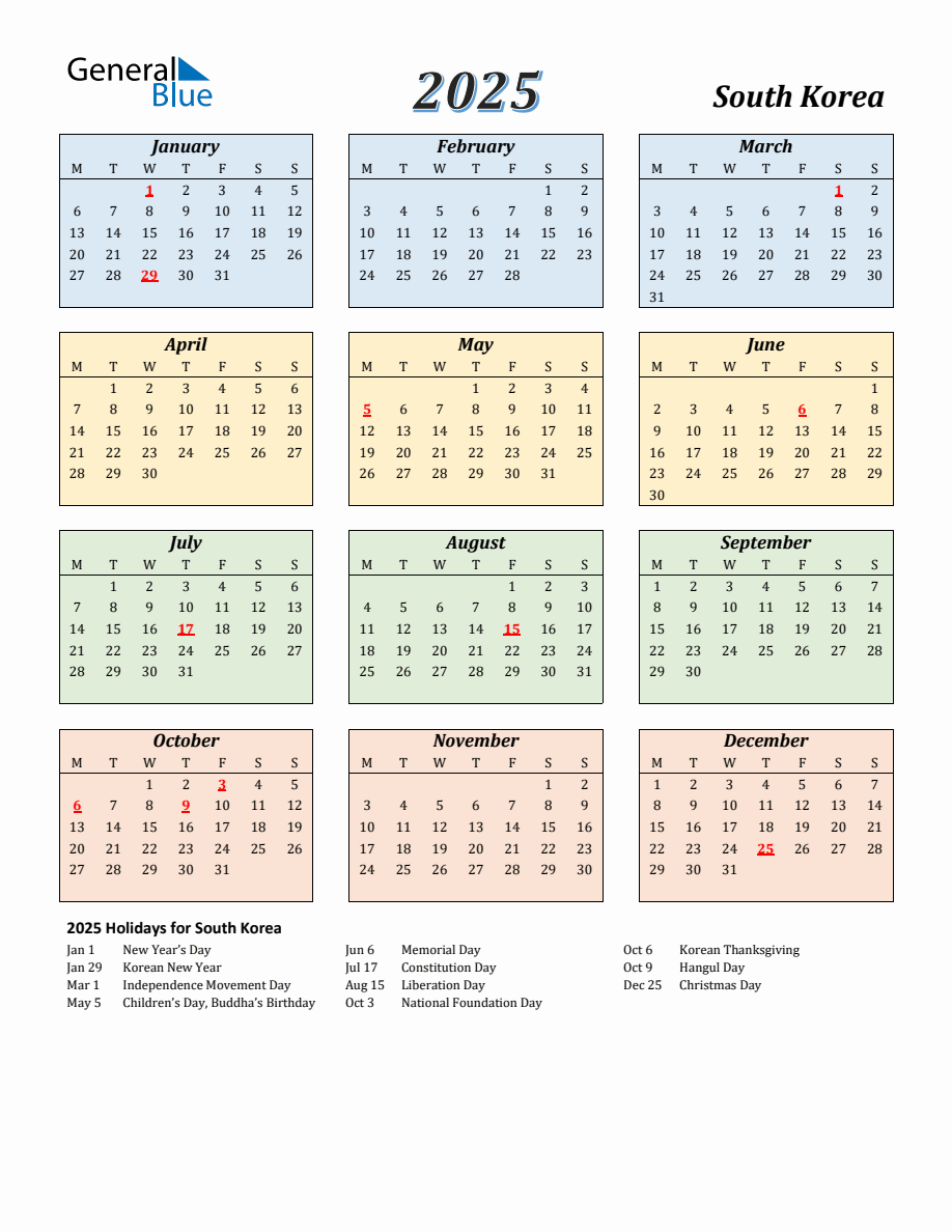 2025 South Korea Calendar with Monday Start