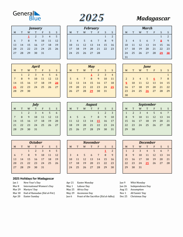 Madagascar Calendar 2025 with Monday Start